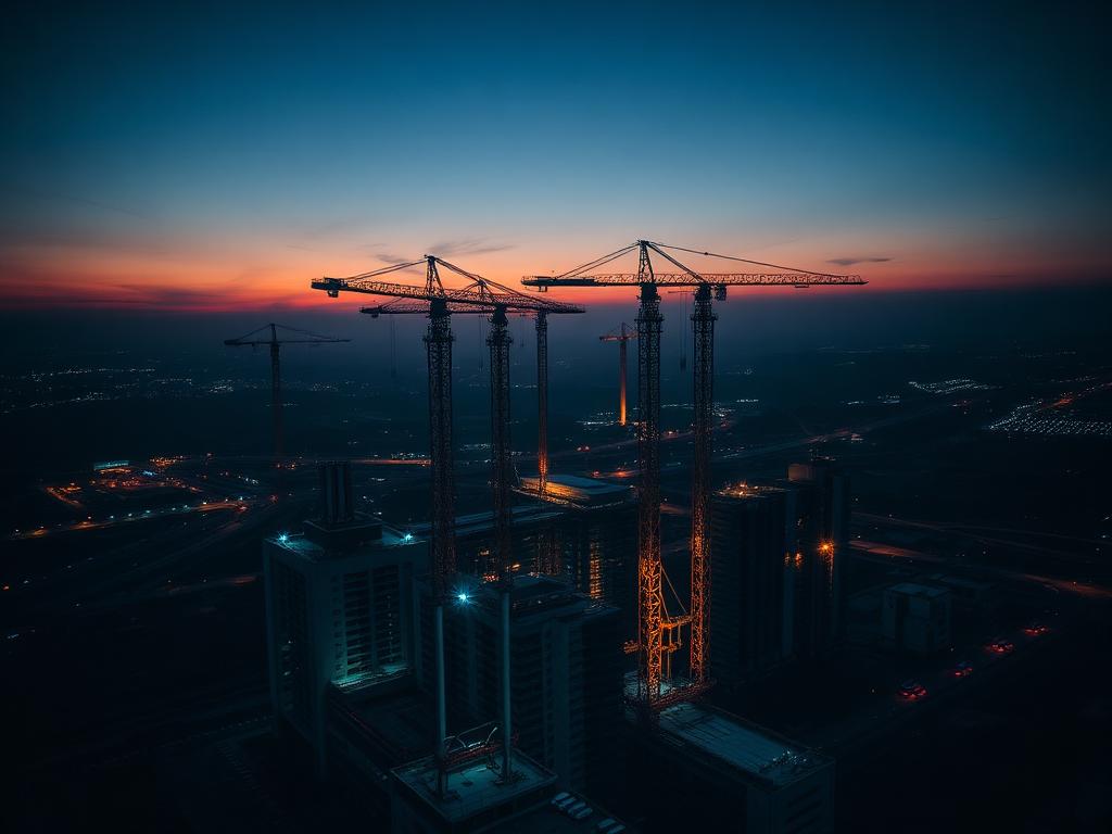 Construction site at dusk with tower cranes over a multi-storey structure